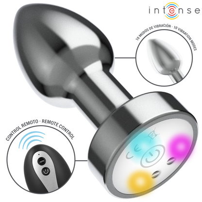 INTENSE - VIBRIERENDER ANALPLUG AUS METALL MIT LED-LEUCHTEN UND FERNBEDIENUNG - GRÖSSE S