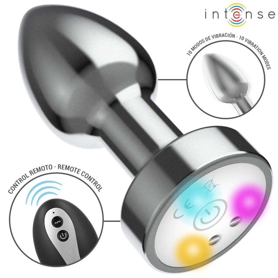 INTENSE - VIBRIERENDER ANALPLUG AUS METALL MIT LED-LEUCHTEN UND FERNBEDIENUNG - GRÖSSE S