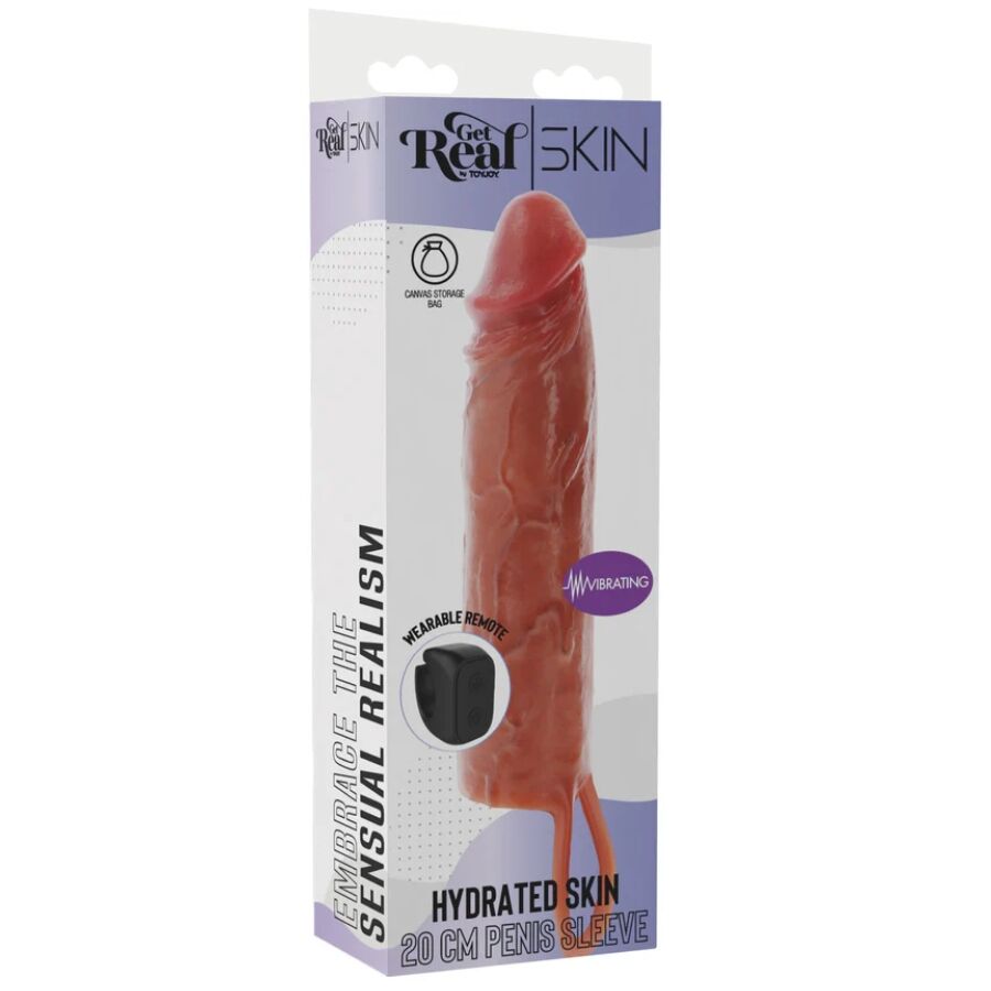 GET REAL – FEUCHTIGKEITSSPENDENDE SILIKON-VIBRATIONS-PENISHÜLLE IN KARAMELL, 20 CM
